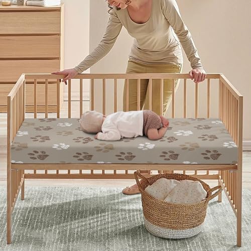 Image of Brown Dog Paws Baby Crib Sheets for Boys Girls Paw Fitted Crib Sheet for Standard Crib and Toddler Mattress Cute Baby Mattress Sheets Toddler Bed Sheet 52x28x8 in