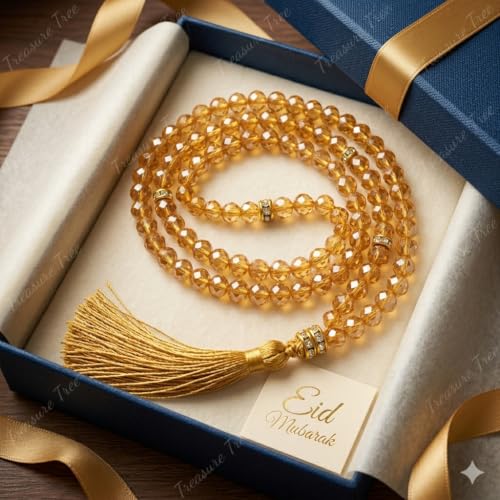 Image of Islamic Salat Prayer Tasbih - 100 Crystal White Beads - Tasbeeh for Dhikr, Zikr, and Meditation (Golden)