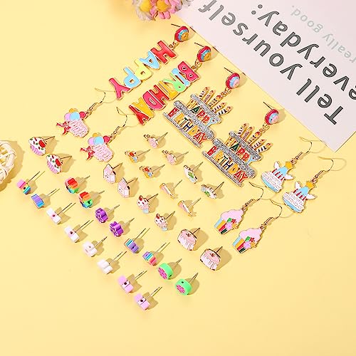 21 Pairs Birthday Earrings For Women Statement Candy Cake Stud Earrings Happy Birthday Dangle Earrings Birthday Gifts Party Favors (Set 1) #TOP5