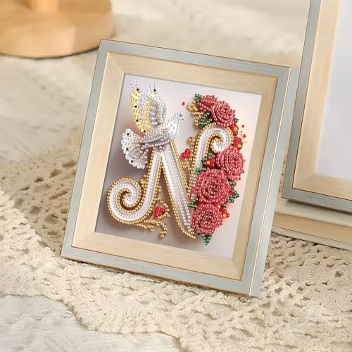 Image of AiYuanzsh 5D DIY Diamond Art Kits for Adults Letter N, Nature-Inspired Rose & Dove Special Shape Diamond Painting, Alphabet Diamond Art Kit for Adults Wall Decoration 17x17cm