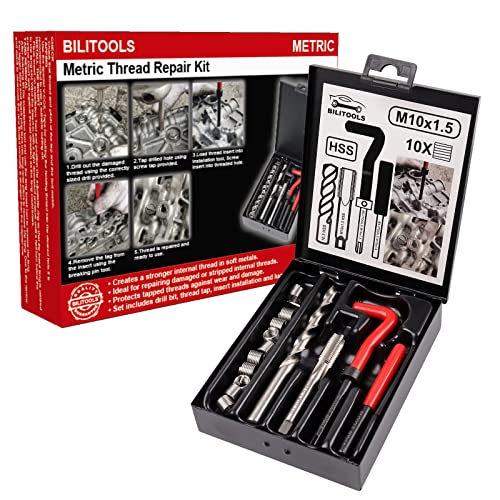 BILITOOLS Kit de Réparation de Filetage M10x1.5, Kit Helicoil Métrique avec Foret HSS