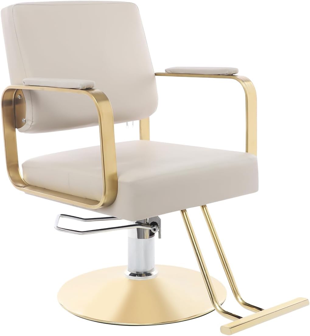 Barber Salon Chair for Hair Stylist, 440lbs Beauty Spa Hair Styling Salon Chair 360° Adjustable Multi-Function Shampoo Salon Armchair w/Footrest for Hair Salons & Spas (Beige+Gold)