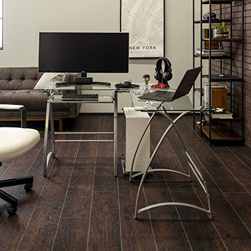 Walker Edison Modern Corner L Shaped Glass Computer Writing Gaming Gamer Command Center Workstation Desk Home Office, 51 Inch, Silver
