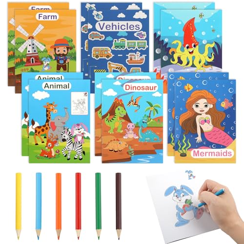 12 Stück Malbücher für Kinder,Malbuch Kinder,Mini Malbuch Set mit 12 Malbücher+ 6 Buntstifte Kinder ab 3 4 5 6 Jahren für Mitgebsel Kindergeburtstag Gastgeschenke(18 X 13 cm)