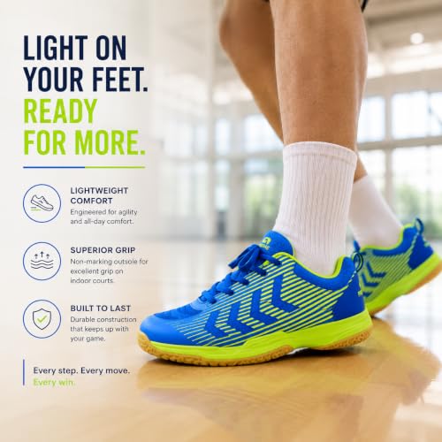 Image of Pro ASE Non-Marking Badminton Shoes - Lightweight & Durable, Perfect for Squash, Table Tennis, Pickleball & Indoor Sports | X-Cushion, Active Grip Sole, Toe Assist | Men, Women, Unisex | Blue,Black,Orange