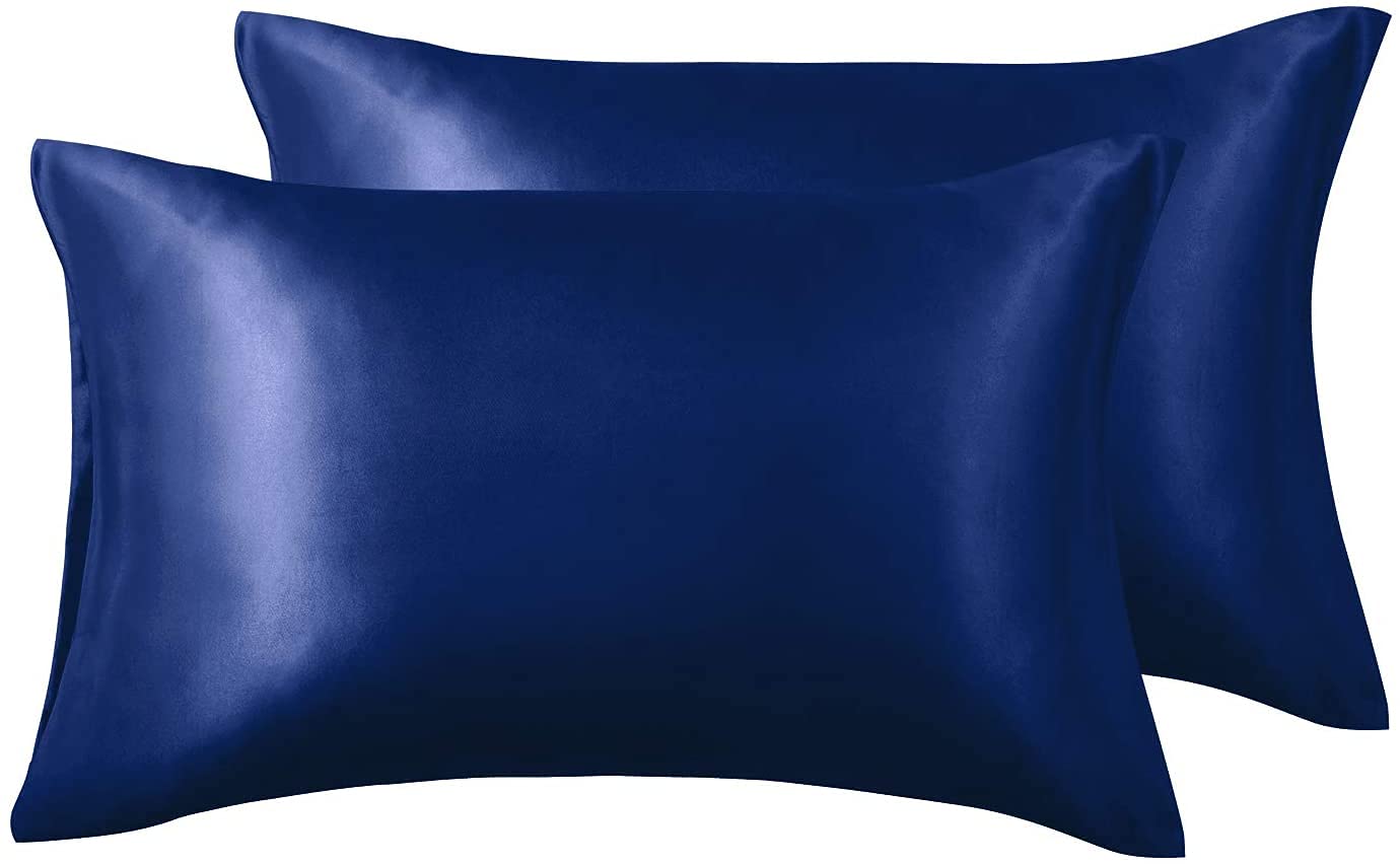 LinenBlue ® Satin Silk Pillow Case/Cover - Regular Size (16x24) - Pack of 2 (Navy Blue)