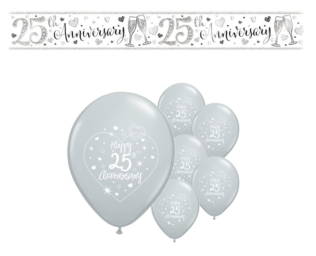 Paquete de 25º aniversario de plata y 20 globos de fiesta / 25º kit de decoración de fiesta de aniversario de boda de plata