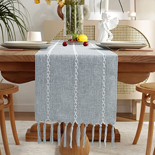 Wracra Rustic Linen Table Runner Farmhouse Style Table Runners 72 inches Long Embroidered Table Runner with Hand-Tassels for Party, Dresser Decor and Dining Room Decorations (Dusty Blue, 13"×72") by Wracra - Used condition - US$11.05