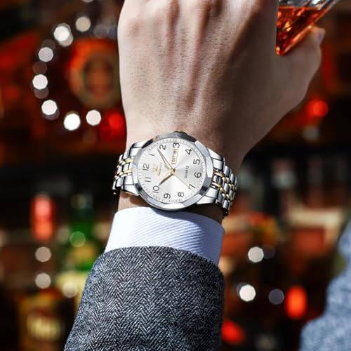Image of OLEVS Watch for Men Luxury Dress Analog Quartz Stainless Steel Waterproof Luminous Date Business Two Tone Casual Wrist Watch