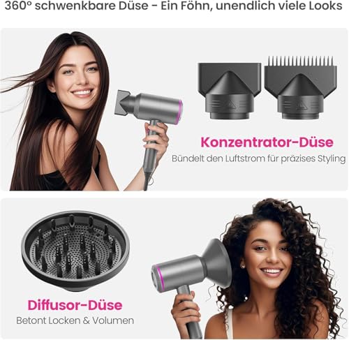 Ionen Föhn Haartrockner AC-Motor Haartrockner, Dekuri Schnelltrocknender Hair Dryer, Fön mit 3 Temperaturstufen, 2 Gebläsestufen, 3 Stylingdüsen & Diffusor (Grau) 5