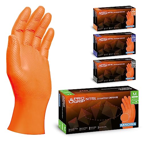 PROGRIP guantes nitrilo, guantes nitrilo talla M, guantes de nitrilo naranja, 2x más gruesos, guantes de nitrilo desechables con estructura de diamante, para taller, industria y montaje, 50 uds/caja