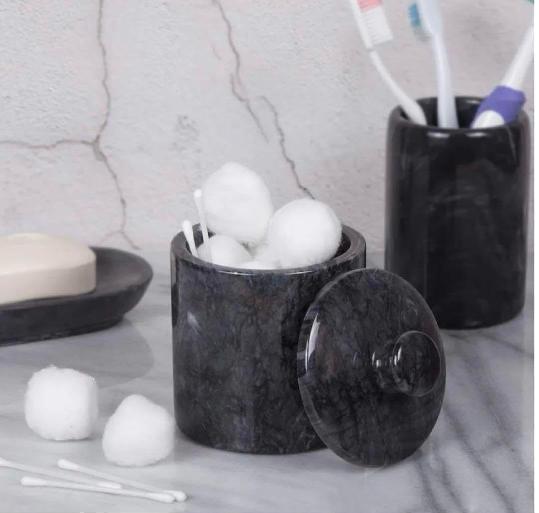 ブラックマーブル コットンボールホルダー 大理石 収納ケース 綿棒ケース