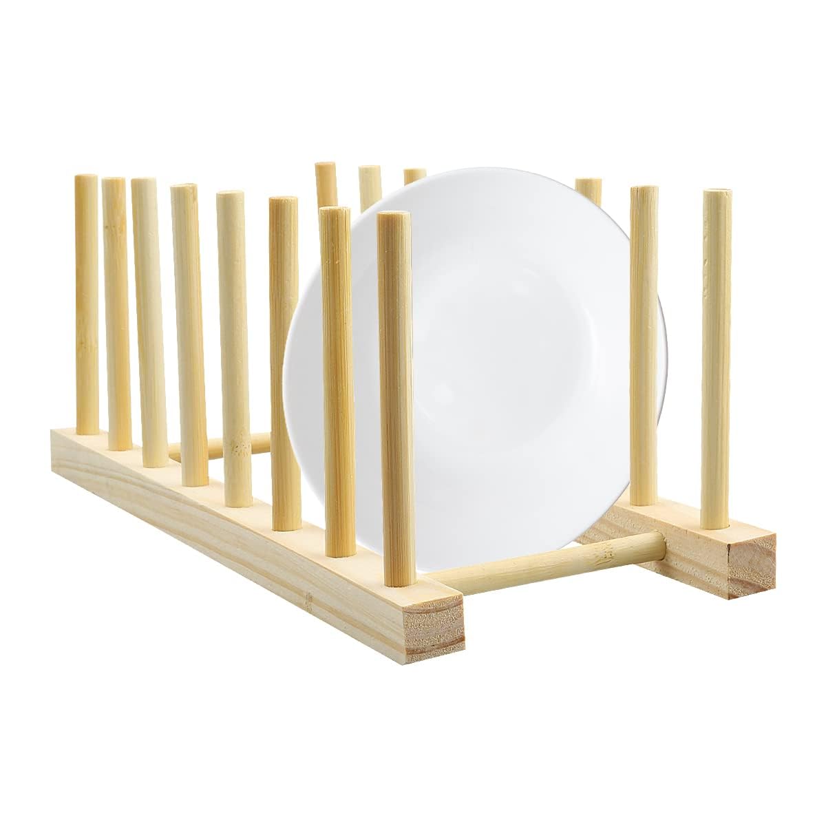 Jagowa Brown Bamboo Dish Rack, Wooden Plate Rack Stand Pot Lid Holder Dish Storage Drainer Kitchen Cabinet Organizer For Bowl Cup