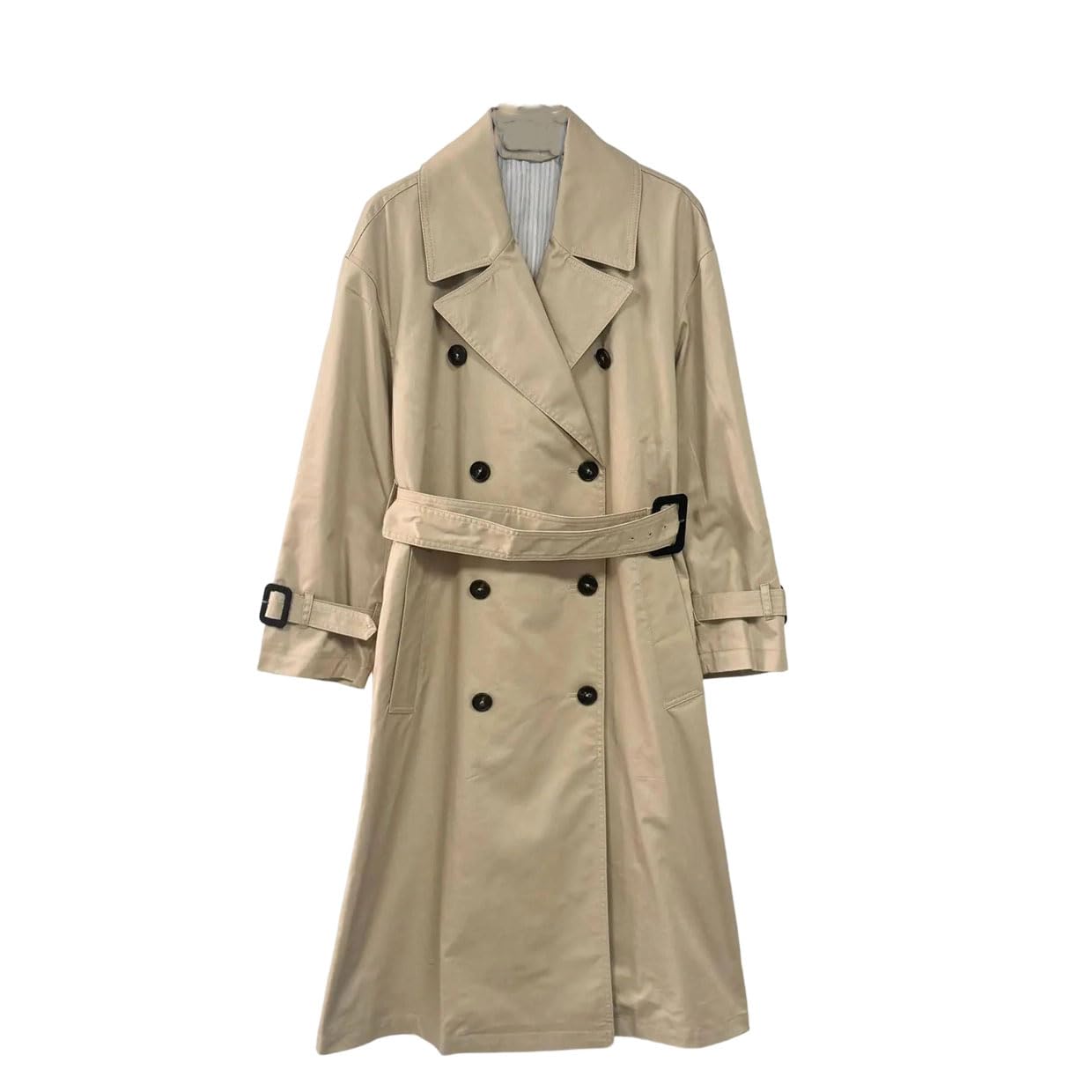 Womens Khaki Double Breasted Notched Collar Long Sleeved Lady Loose Straight Long Trench Coat With Belt