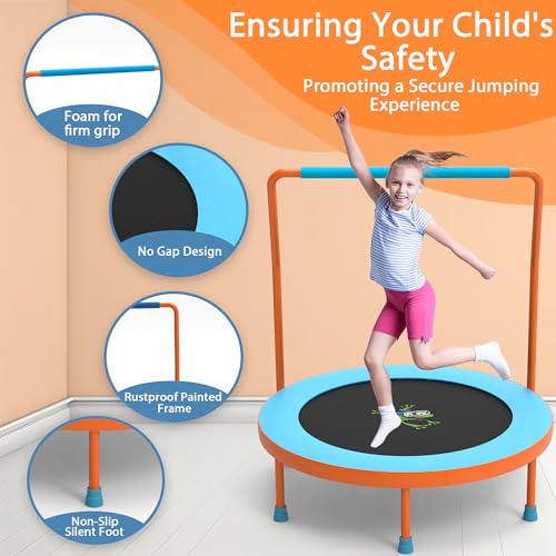 3FT Foldable Kids Trampoline, 36'' Indoor & Outdoor Mini Trampoline for Toddlers, Max Capacity 220 LBS, Adjustable Handlebar, Quiet & Safe Design