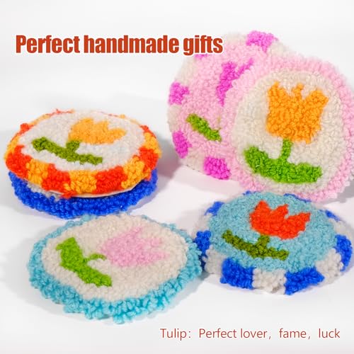 Image of CraftyManor Tulip Punch Needle Kit for Beginners with Pattern, Simple Paint with Yarn Punch Kit, Punch Needle Coaster Kit with Yarn, Needle, Punch Needle, Threader, Embroidery Hoop, Tufting Cloth