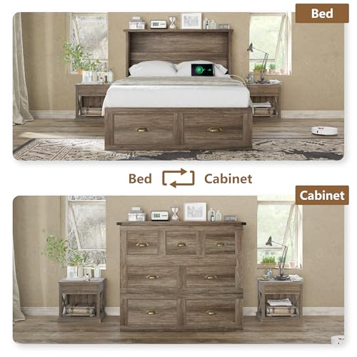 Image of AMERLIFE Twin Size Murphy Bed, Farmhouse Wooden Cabinet with Charging Station and Storage Drawer for Bedroom /Office /Guest Room, Grey Oak