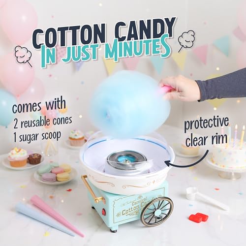 Image of Nostalgia Vintage Hard and Sugar Free Candy Countertop Cotton Candy Maker, Includes 2 Reusable Cones And Sugar Scoop - Aqua