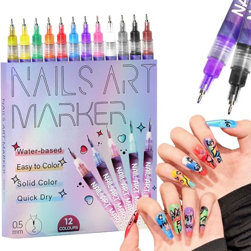 12 Colors Nail Art Pens Set, Nail Art Markers, 0.5mm Nail Polish Pens, Waterproof Quick Dry Nail Art Pens for Women DIY Graffiti Dotting Drawing Painting Nail Art Kit Tools