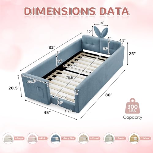 Image of Twin Size Kids Bed with Rabbit Ear Headboard, Upholstered Boucle Fabric Twin Daybed with Slats Support & Side Pockets, Space-Saving Wooden Corner Sofa Couch Bed Frame for Girls, Boys, Teenager(Blue)