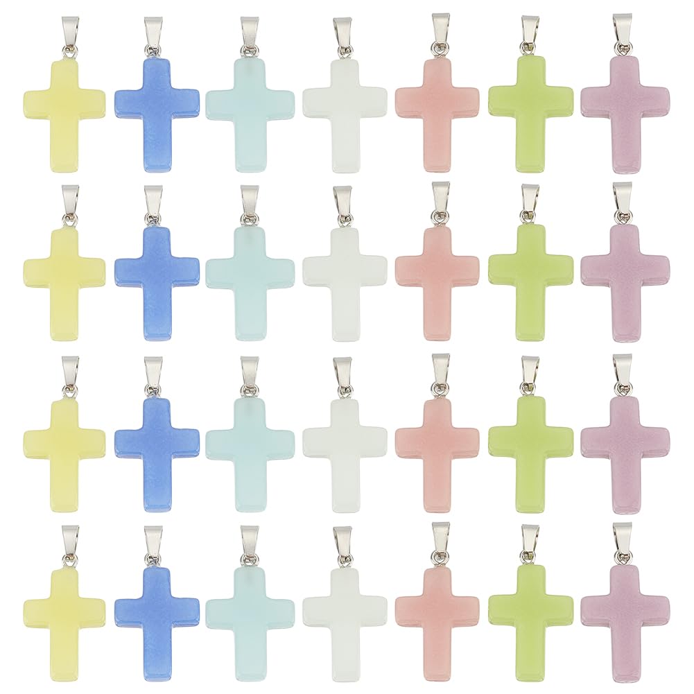HOBBIESAY 28Pcs 7 Styles Natural Stone Cross Pendant 28mm Gemstone Cross Dangle Pendants Stone Cross Charms Bulk for DIY Necklace Jewelry Making Hole: 7x4mm