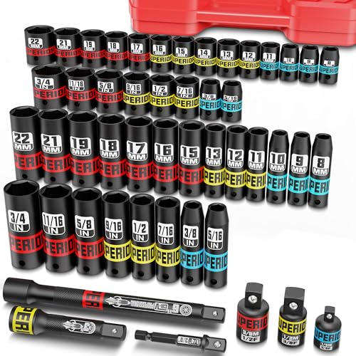Image of 50 Piece 3 /8 inch Drive Impact Socket Set, SAE (5 /16 inch-3 /4 inch) and Metric (7 mm-19 mm), Deep & Shallow Sockets with Extension Bars, Adapters, Automotive Repair & Industrial Maintenance