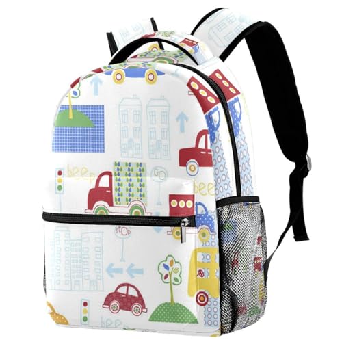 Sac à dos d'école multicolore imprimé voiture pour ados et enfants - 29.4x20x40cm