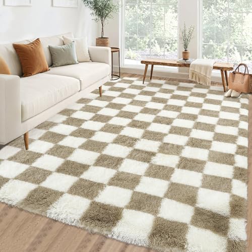 Garvee Checkered Area Rug 9x12 Large Rug Thick Super Soft Shaggy Rugs Fluffy Carpet Fluffy Fuzzy Shag Washable Rugs for Living Room Nursery Bedroom Luxury Playroom Teen Plush Carpets,Taupe-W