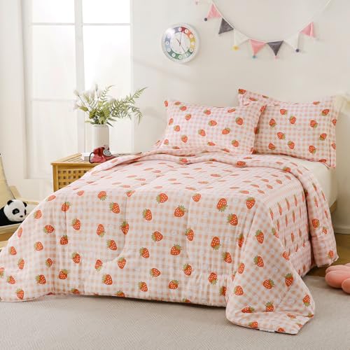 Image of Yibeizi Strawberry Comforter Set Full Size Girls Gingham Bedding