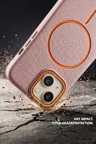 Image of amazon basics Luxury MagSafe Compatible Leather Texture Back Cover for iPhone 13 | Raised Camera Protection | Slim Fit Shockproof Case with Metallic Accents (Pink)