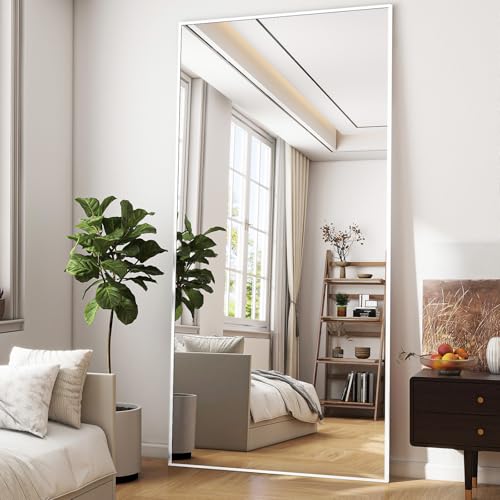 BEAUTYPEAK Specchio intero da 165 x 60 cm, da appendere o appoggiare alla parete, grande specchio da pavimento con supporto per camera da letto, soggiorno o spogliatoio, bianco