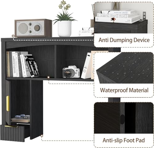 Image of Desk Hutch Shelf, Desktop Shelf Organizer 37 inch Wide Desktop Bookshelf 2-Tier Wood Hutch Bookcase Organizer with Drawer Dorm Table Shelves Desk Shelves Office Bookshelf with Storage-Black