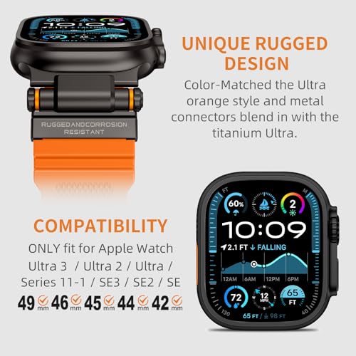 Image of FOAMUNOC Rugged Band Compatible with Apple Watch Ultra 3 /2 /1 Band 49mm /46mm /45mm /44mm /42mm, Metal Connector with Silicone Strap for iWatch Ultra Series 11 /10 /9 /8 /7 /6 /SE3 /SE2 /SE /5 /4 /3 /2 /1, Orange /Black