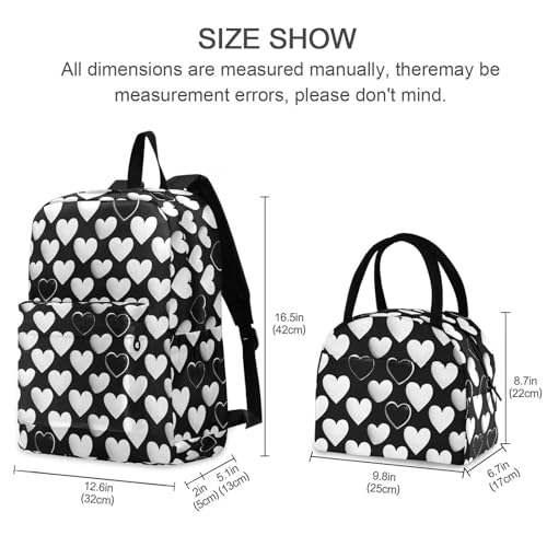 Black White Heart Print Backpack Set with Lunch Bag, Large Capacity Travel Backpacks and Lunch Box Insulated for Commute Hiking Picnic2
