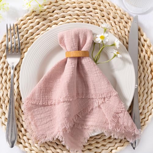 Image of MLMC 10 Pack Dusty Pink Cloth Napkins with Fringe Boho Linen Napkins Washable Reusable Rustic Dinner Table Decor 17 inchx17 inch for Wedding Party Bridal Baby Shower Home Decor