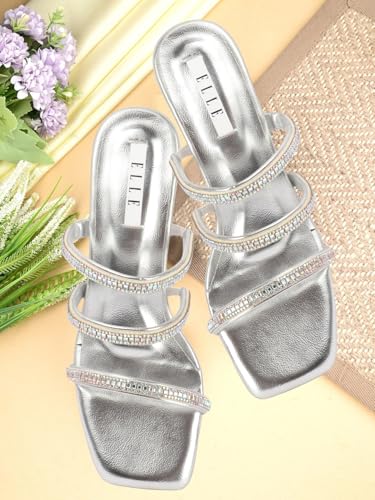 Image of ELLE women's Square Toe Block heel Slip-On sandal with Embellished Strap
