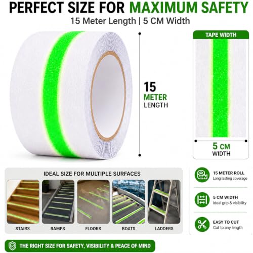 Image of YORWE Anti Slip Stair Tape with Glow in the Dark Strip - Heavy Duty Waterproof Non Slip Traction Tape for Stairs, Steps, Outdoor & Indoor Safety (White and Green, 15 Meter)
