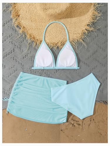 Image of RoseSeek Girl's 3 Piece Cute Bowknot Bathing Suit Halter Triangle High Waisted Swimsuit with Beach Cover Up Skirt