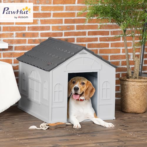 PawHut Hundehütte, Hundehaus mit Satteldach, wetterfest Kleintierhaus für mittelgroße Hunde unter 20 kg, Hundehütte Outdoor, 65 x 75,7 x 63 cm, Grau