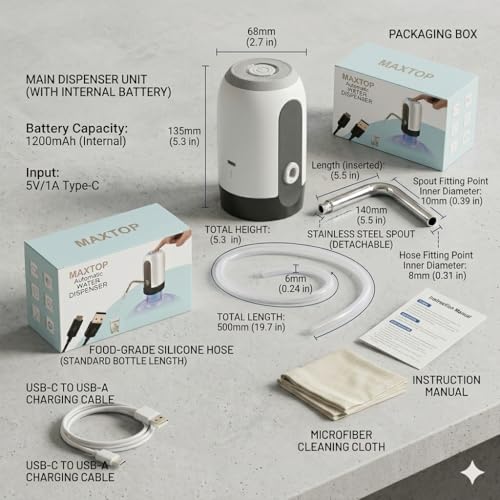 Image of NEXURA || MAXTOP Automatic Water Dispenser, USB Type-C Rechargeable, 1200mAh Battery, Stainless Steel Spout, for 5-Gallon Bottles