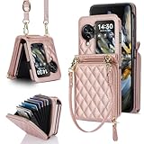 XYX Case for Oppo Find N3 Flip with Card Holder, Zipper Leather Accordion Purse Cover with Wrist Strap Crossbody Lanyard, Rose Gold