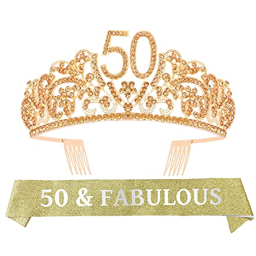 verymerrymakering 50th birthday sash and tiara for women - fabulous glitter sash + flowers rhinestone gold premium metal tiara for her, 50th birthday gifts for 50 party