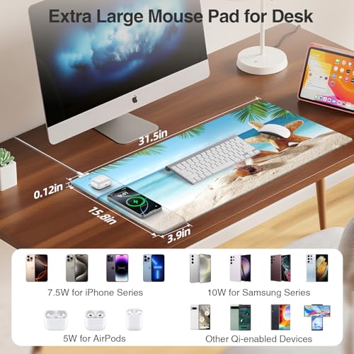 Image of Wireless Charging Mouse Pad, 31.5 inchx15.8 inch, with 20W PD Adapter, Summer Beach