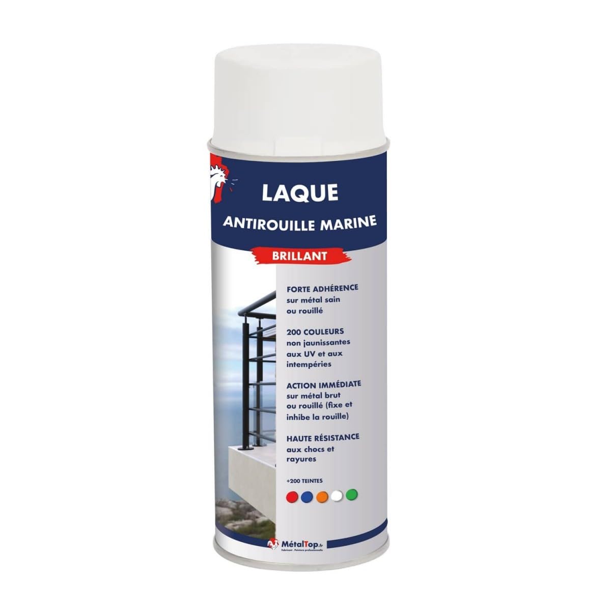 Metaltop - Laque Antirouille Marine - Blanc pur - RAL 9010 - Bombe 400 ml - Peinture résistante pour métal exposé aux conditions difficiles