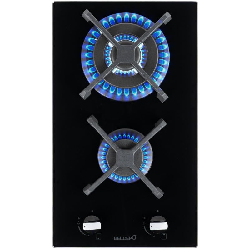 PLAQUE DE CUISSON GAZ 2 FEUX DOUBLE COURONNE - VERRE NOIR ET FONTE - 5200 WATTS - BELDEKO