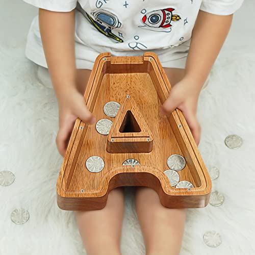 Image of Piggy Bank for Kids, Boys, Girls, Large Personalized Wooden Letter Piggy Bank with Cut Out Design, Alphabet Letter Coin Banks, Money Savings Box, Wooden Bench for Kids Creative