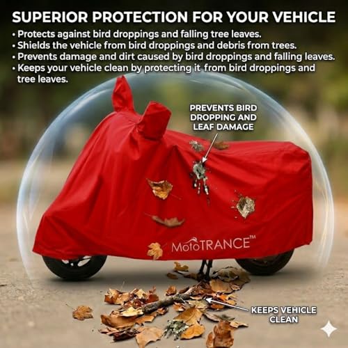 Image of Mototrance All Weather Protection Two Wheeler Cover for All Bikes /Royal Enfiled /Upto Pulsar 160CC to 350CC | Anti Dust, Water Resistant, Heat Resistant, UV Proof with Mirror Pocket | Solid Red