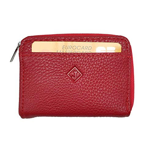 LOLUNA® Petit Porte-Monnaie Cuir Plat, Fermeture zipée Tout Autour, Simple et complète, 2 Cartes, Compact pour Homme et Femme - Rouge Cover