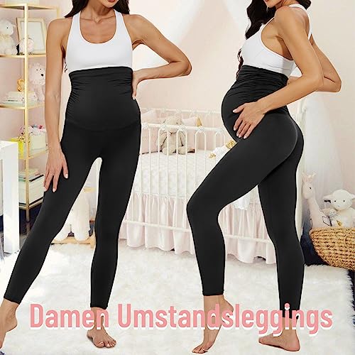 AMIYOYO Damen Umstandsleggings High Waist Schwangerschaftsleggings Blickdicht Umstandshose Stretch Weiche Umstandsmode für Schwangere Lang(Schwarz,L)