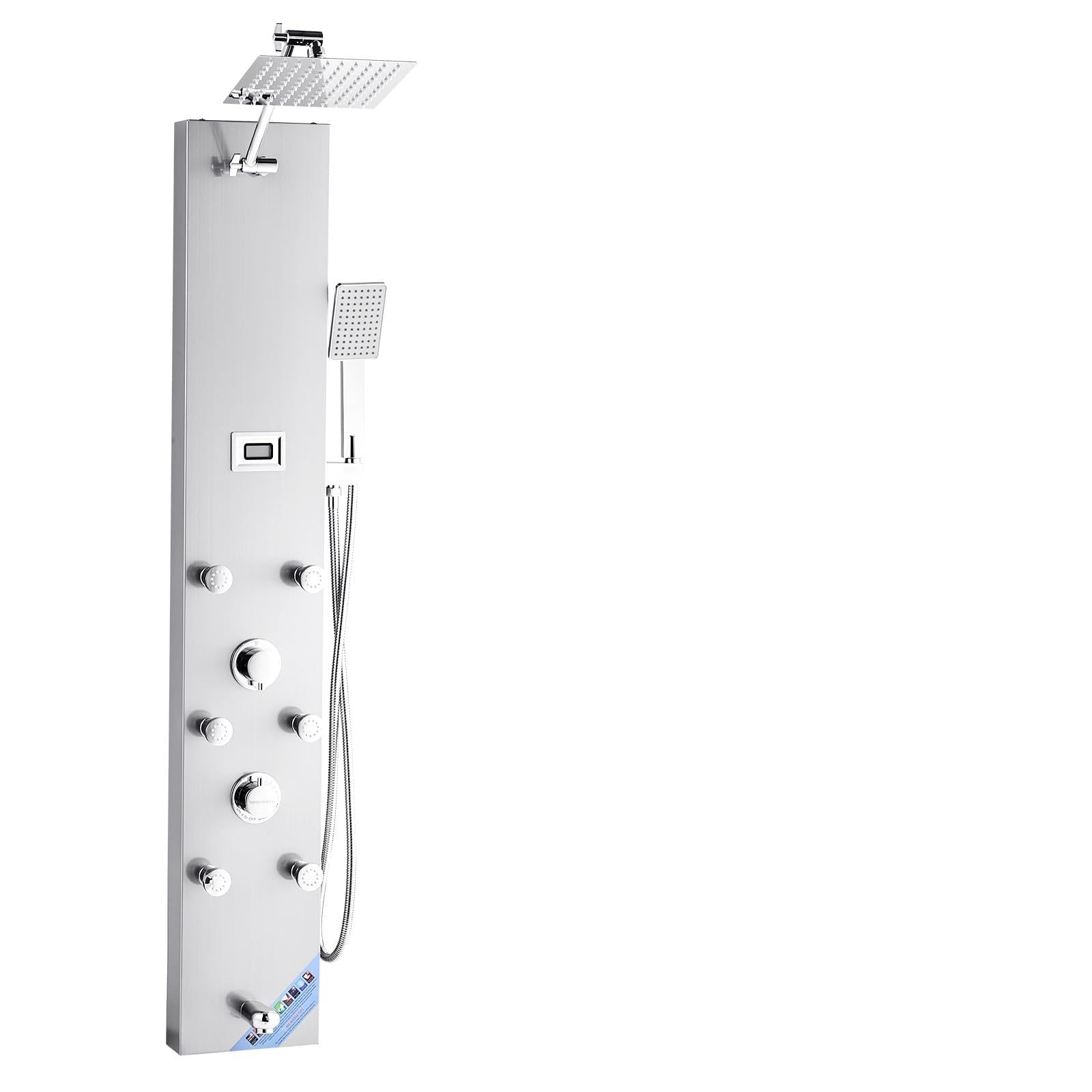 VEVOR Sistema de Torre con Columna de Ducha Tipo Torre con Efecto Lluvia, LED, Grifo de 4 Funciones, Sistema de Masaje de Lluvia de Pared con 6 Chorros Corporales, Ducha de Mano y Caño de Bañera